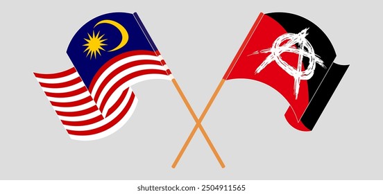 Crossed and waving flags of Malaysia and Anarchy. Vector illustration
