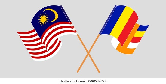 Crossed and waving flags of Malaysia and Buddhism. Vector illustration
