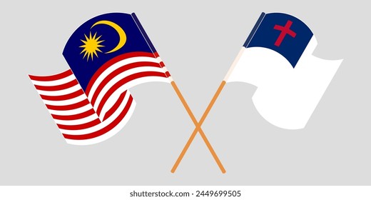 Crossed and waving flags of Malaysia and christianity. Vector illustration