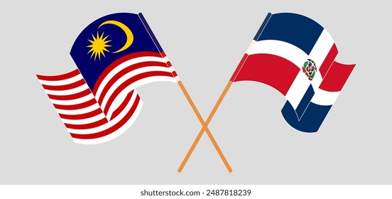 Crossed and waving flags of Malaysia and Dominican Republic. Vector illustration
