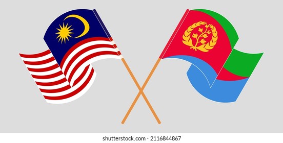 Crossed and waving flags of Malaysia and Eritrea. Vector illustration
