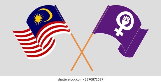 Crossed and waving flags of Malaysia and Feminism. Vector illustration
