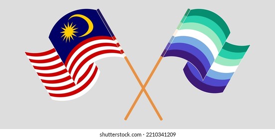 Crossed and waving flags of Malaysia and gay men pride. Vector illustration
