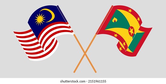 Crossed and waving flags of Malaysia and Grenada. Vector illustration
