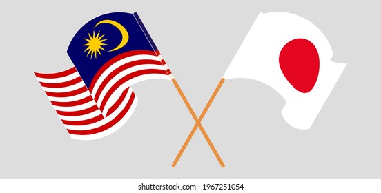 Crossed and waving flags of Malaysia and Japan