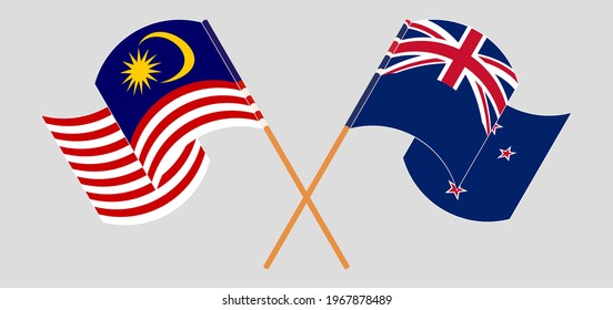 Crossed and waving flags of Malaysia and New Zealand