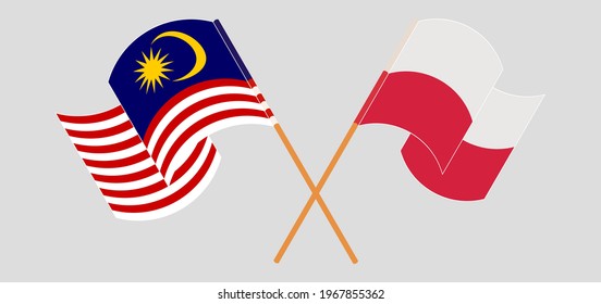 Crossed and waving flags of Malaysia and Poland