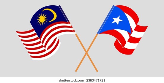 Crossed and waving flags of Malaysia and Puerto Rico. Vector illustration
