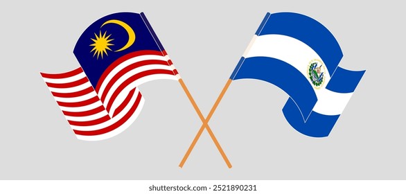 Crossed and waving flags of Malaysia and Republic of El Salvador. Vector illustration.
