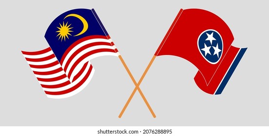 Crossed and waving flags of Malaysia and The State of Tennessee. Vector illustration
