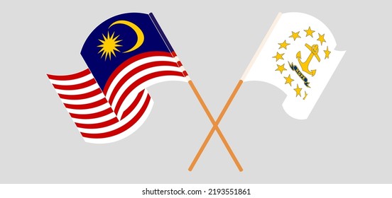 Banderas cruzadas y ondeando banderas de Malasia y del Estado de la Isla Rhode. Ilustración del vector

