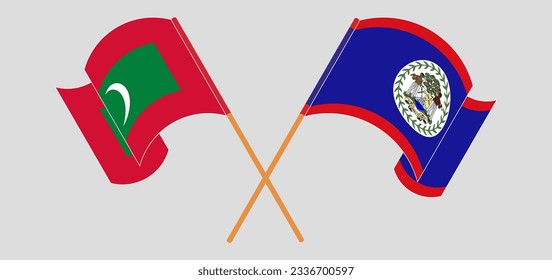 Crossed and waving flags of Maldives and Belize. Vector illustration
