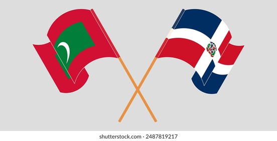 Crossed and waving flags of Maldives and Dominican Republic. Vector illustration
