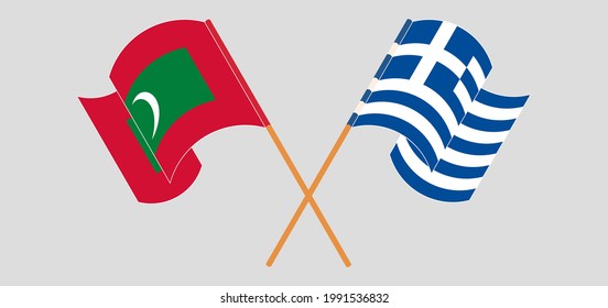 Crossed and waving flags of Maldives and Greece