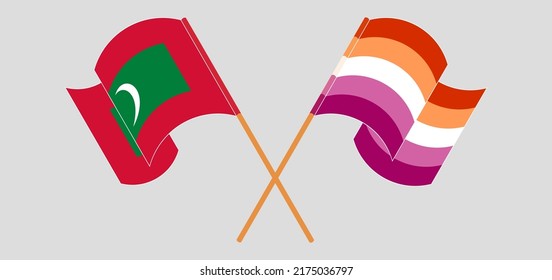 Crossed and waving flags of Maldives and Lesbian Pride