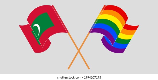 Crossed and waving flags of Maldives and LGBTQ