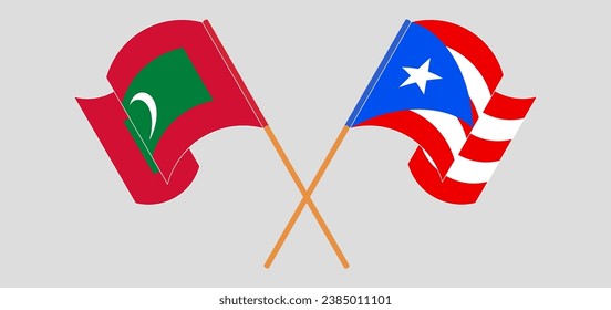Crossed and waving flags of Maldives and Puerto Rico. Vector illustration
