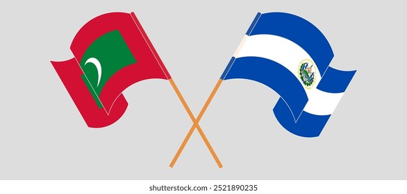 Crossed and waving flags of Maldives and Republic of El Salvador. Vector illustration.
