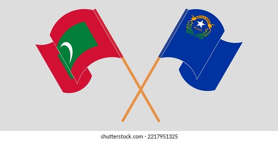 Crossed and waving flags of Maldives and The State of Nevada. Vector illustration
