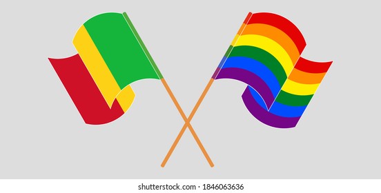Crossed and waving flags of Mali and LGBTQ