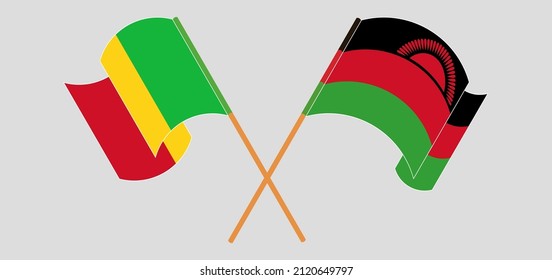 Crossed and waving flags of Mali and Malawi. Vector illustration

