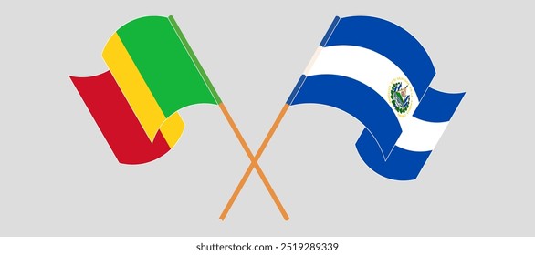 Bandeiras cruzadas e acenando do Mali e da República de El Salvador. Ilustração vetorial.
