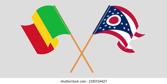 Gekreuzte und wehende Flaggen von Mali und dem Staat Ohio. Vektorgrafik

