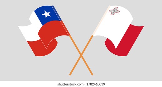 Crossed and waving flags of Malta and Chile