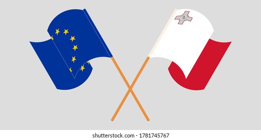 Gekreuzte und wehende Flaggen Maltas und der EU