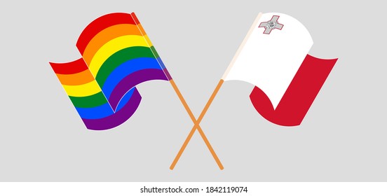 Crossed and waving flags of Malta and LGBTQ
