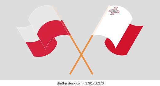 Crossed and waving flags of Malta and Poland