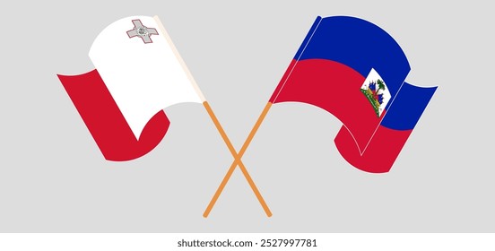 Banderas cruzadas y ondeando de Malta y la República de Haití. Ilustración vectorial.
