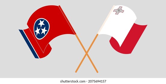 Crossed and waving flags of Malta and The State of Tennessee. Vector illustration
