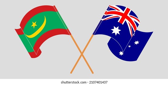 Crossed and waving flags of Mauritania and Australia. Vector illustration
