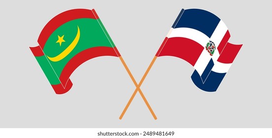 Crossed and waving flags of Mauritania and Dominican Republic. Vector illustration
