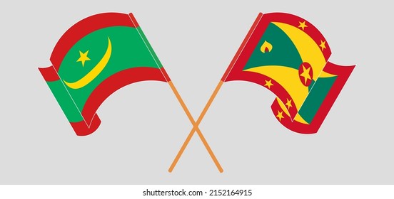 Crossed and waving flags of Mauritania and Grenada. Vector illustration
