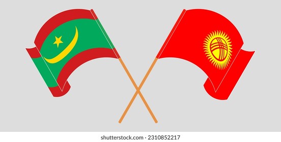 Crossed and waving flags of Mauritania and Kyrgyzstan. Vector illustration
