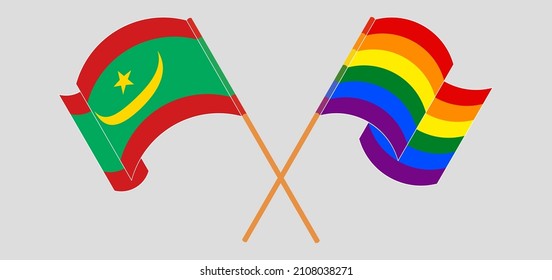 Crossed and waving flags of Mauritania and LGBTQ. Vector illustration