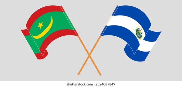 Crossed and waving flags of Mauritania and Republic of El Salvador. Vector illustration.
