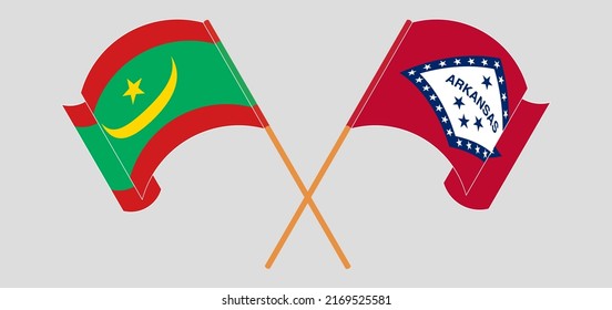 Crossed and waving flags of Mauritania and The State of Arkansas. Vector illustration
