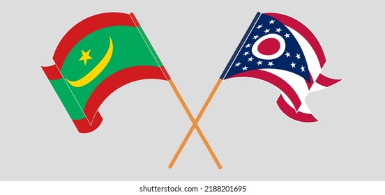 Crossed and waving flags of Mauritania and the State of Ohio. Vector illustration
