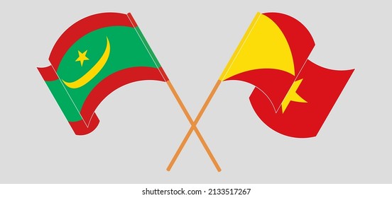 Crossed and waving flags of Mauritania and Tigray. Vector illustration
