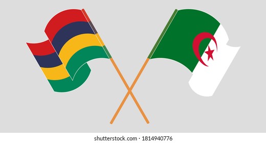 Crossed and waving flags of Mauritius and Algeria