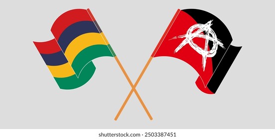 Crossed and waving flags of Mauritius and Anarchy. Vector illustration
