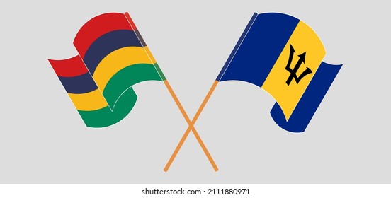 Crossed and waving flags of Mauritius and Barbados. Vector illustration
