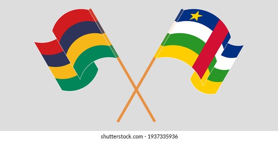 Crossed and waving flags of Mauritius and Central African Republic