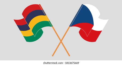 Crossed and waving flags of Mauritius and Czech Republic. Vector illustration
