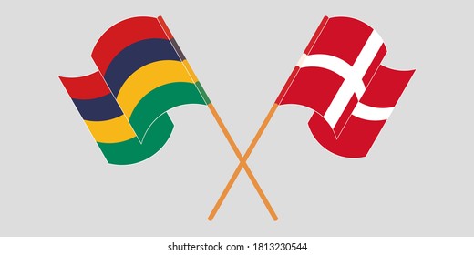 Gekreuzte und wehende Flaggen von Mauritius und Dänemark