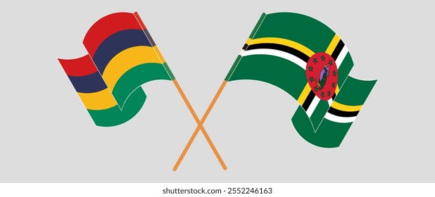 Crossed and waving flags of Mauritius and Dominica. Vector illustration.

