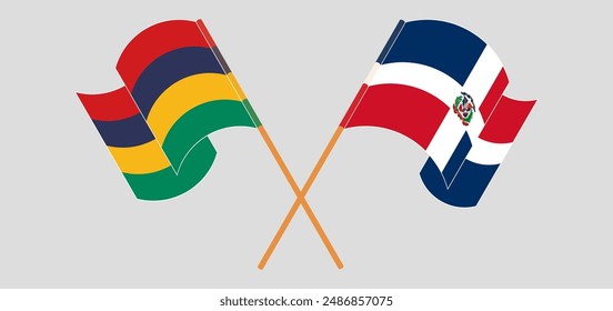 Crossed and waving flags of Mauritius and Dominican Republic. Vector illustration
